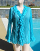 Claudia Richards Turquoise Semi Sheer Crinkle Cover Bubble Swag Collar & Cuffs Cover-Up Shirt Size L